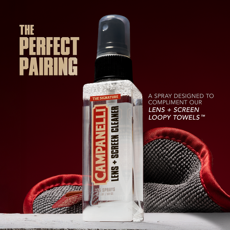 Campanelli lens and screen cleaner spray bottle with text on a red background
