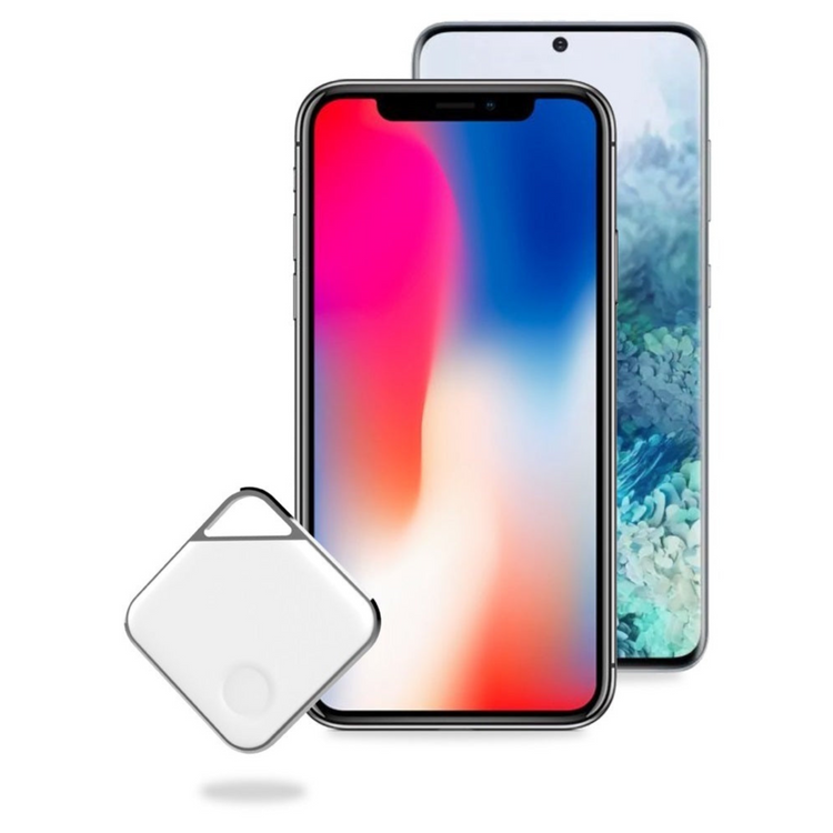 A white square phone reminder device with a smartphone in the background, illustrating the concept of the product.