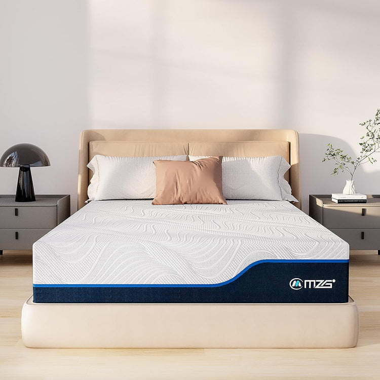 Mattress on a bed with MZS logo in a bedroom setting