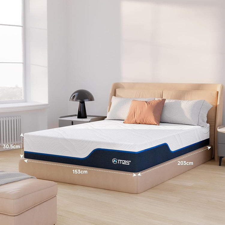Mattress on a bed with dimensions labeled in a bedroom setting