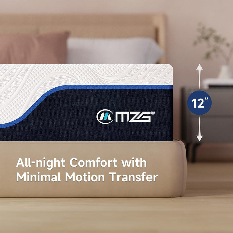 Mattress with MZS logo and text about comfort and motion transfer in a bedroom setting.