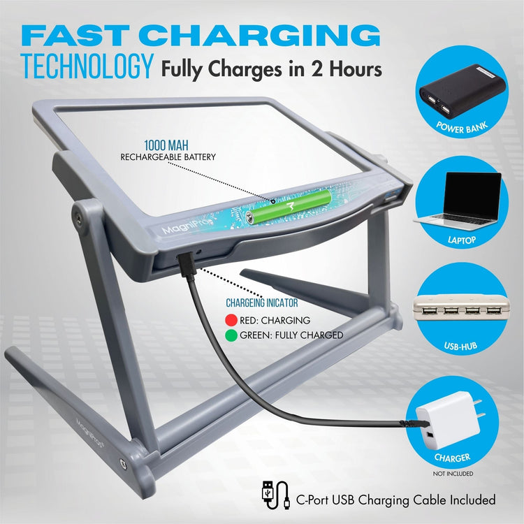 Charging station with fast charging technology features, including a power bank, laptop, USB hub, and charger.