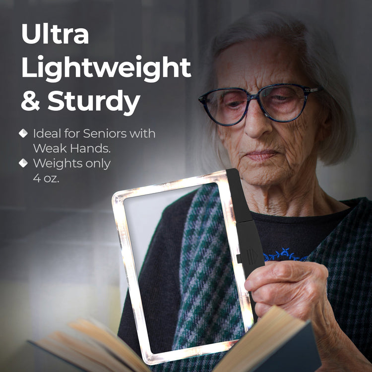 Older woman holding a book with text about product features on a dark background