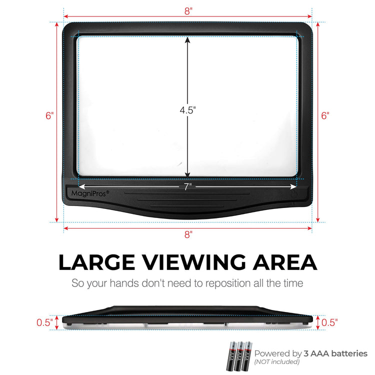 Measurement chart of a MagniPro magnifying glass with dimensions and text about large viewing area.