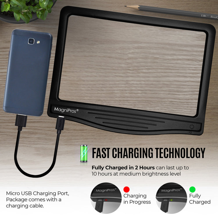 Tablet with charging cable, smartphone, and text about fast charging technology on a wooden surface.