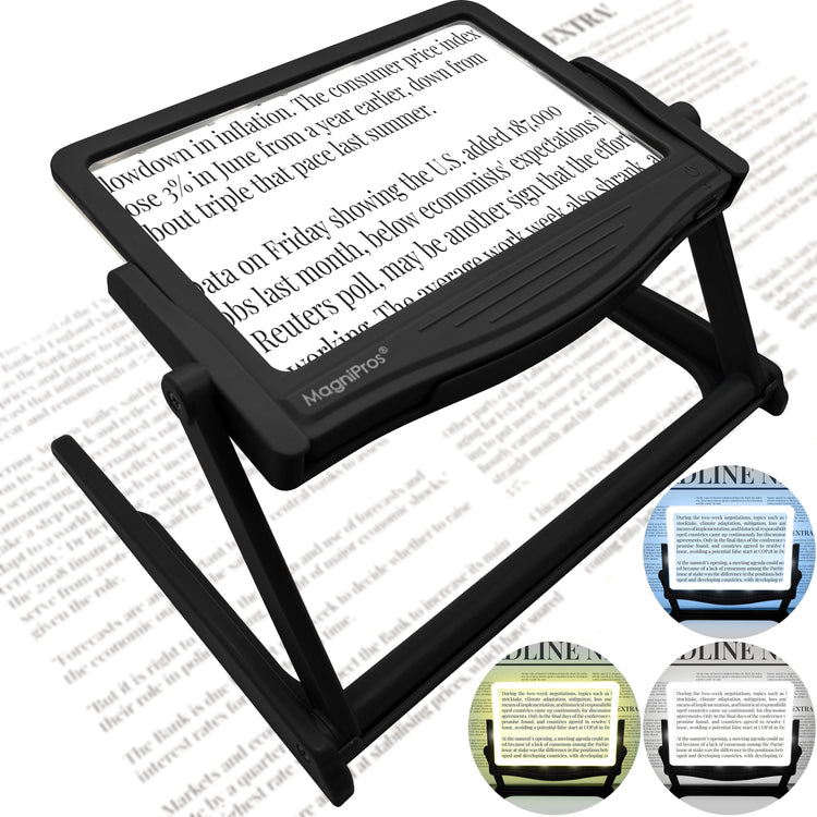 LED page magnifier with a collapsible and detachable stand, displaying three color light modes: white, warm white, and combo. The magnifier is shown in use, magnifying text on a page.