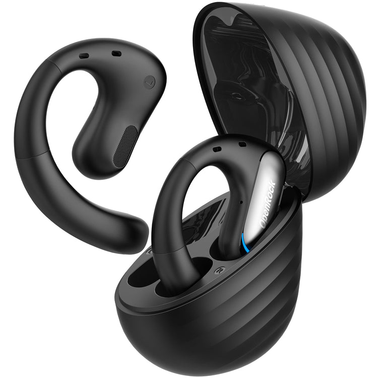 Black open ear air conduction earbuds in a charging case