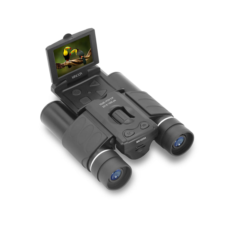 Digital binoculars with a screen displaying an image on a white background