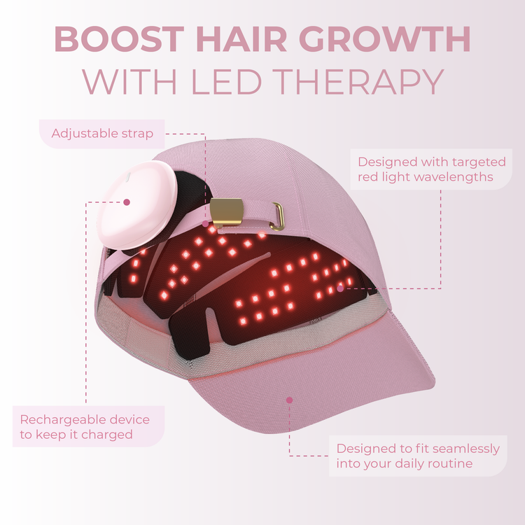 Pink cap with LED lights for hair growth therapy on a white background