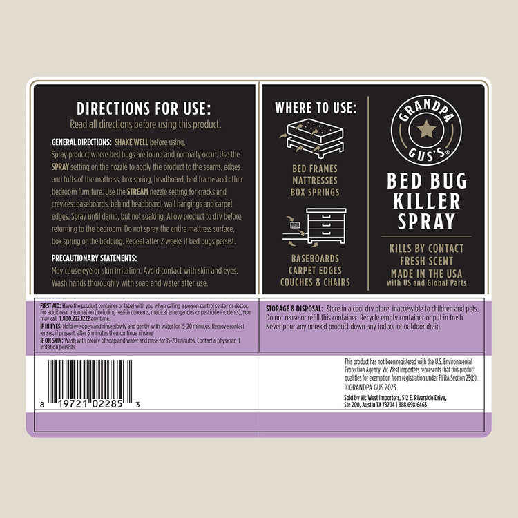 Label for Grandpa Gus's Bed Bug Killer Spray on a beige background