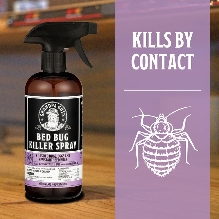 Bed bug killer spray bottle with label and purple background text on a wooden surface.