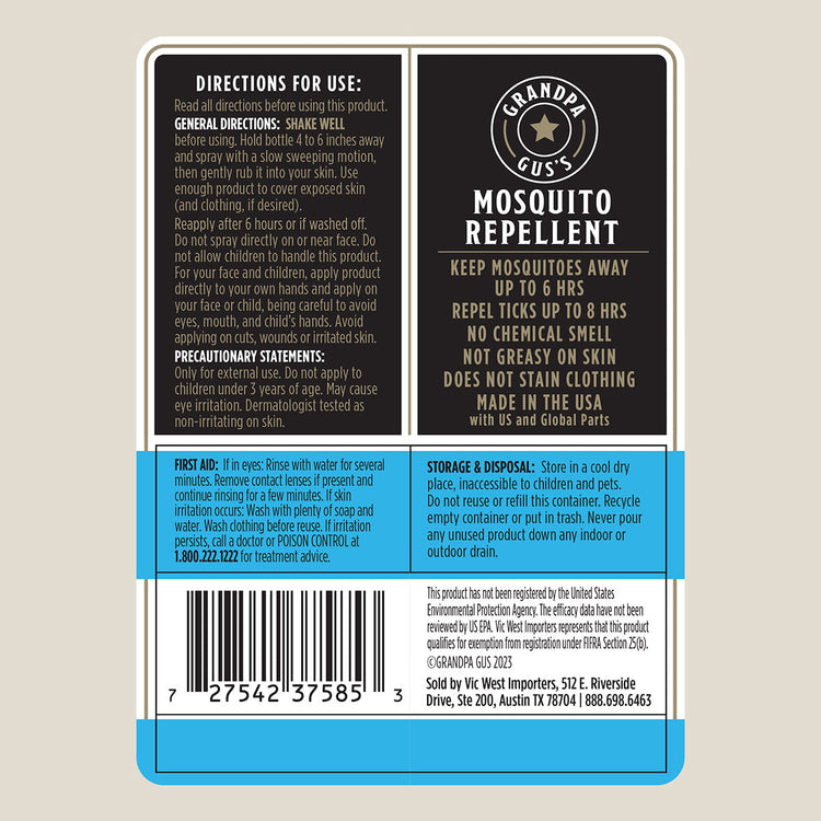 Grandpa Gus' Mosquito Repellent label on a beige background