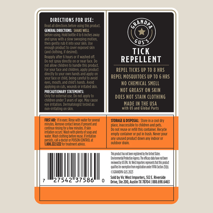 Grandpa Gus's Tick Repellent label with directions, ingredients, and contact information on a beige background.