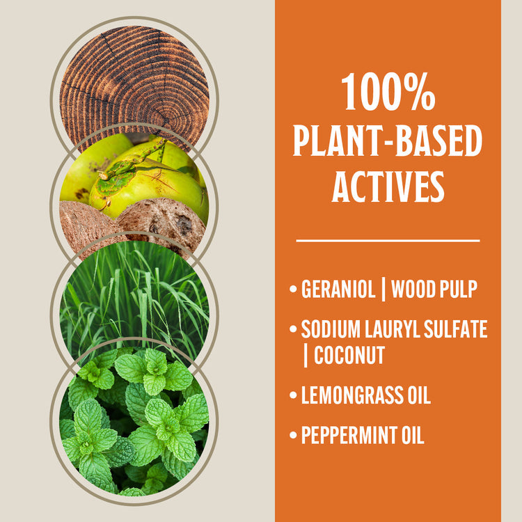 Product packaging with plant-based ingredients and a wooden texture.