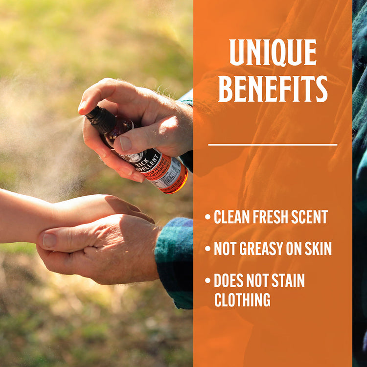 Person applying a spray product to another person's hand with an orange background and text listing unique benefits.