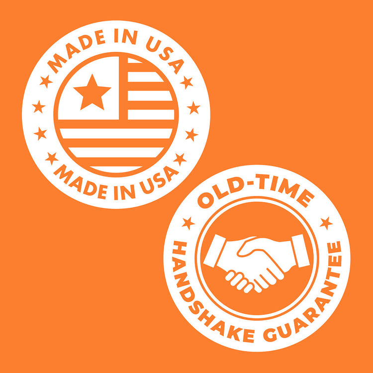Two circular logos on an orange background, one with 'Made in USA' and the other with 'Old-Time Handshake Guarantee'.