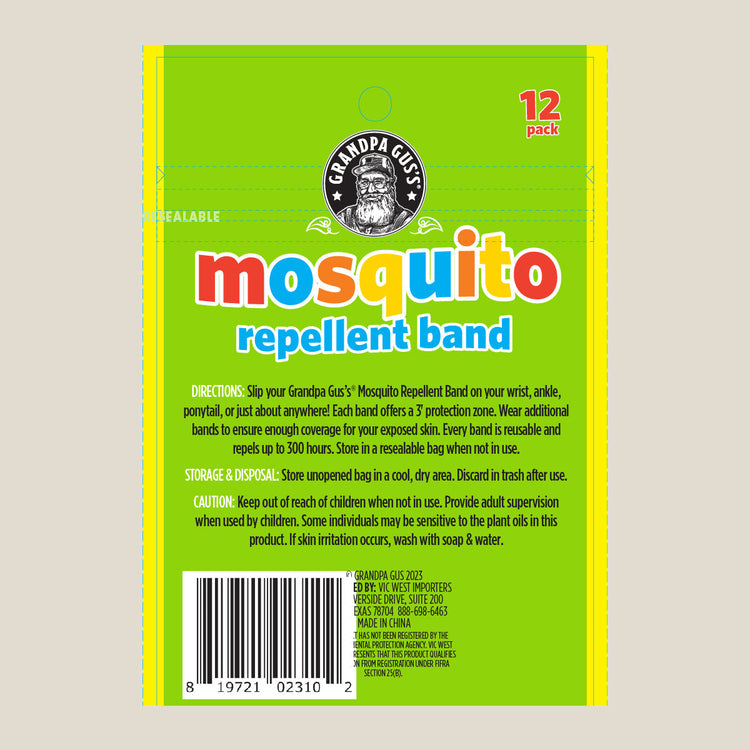 Green package of Grandpa Gus' mosquito repellent bands on a beige background