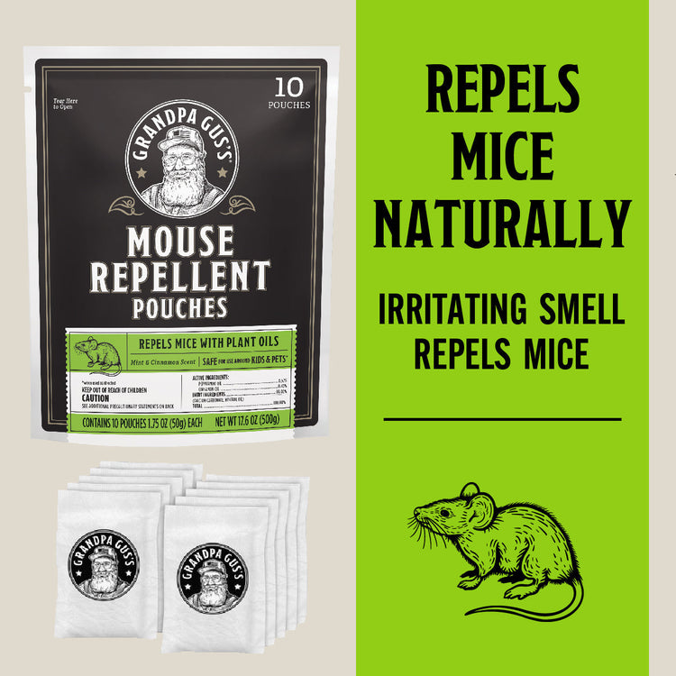Grandpa Gus's Mouse Repellent Pouches packaging with text on a beige background