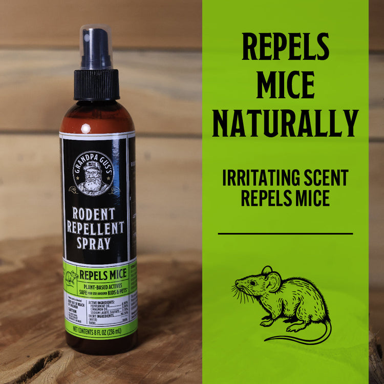 Rodent repellent spray bottle with label on a wooden surface