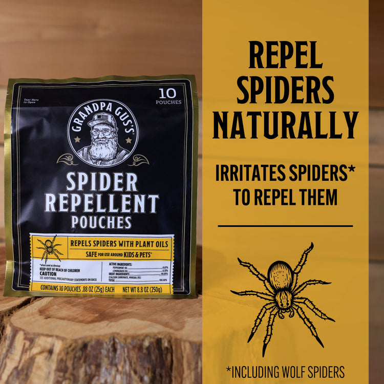 Spider repellent pouches with packaging and text on a wooden background