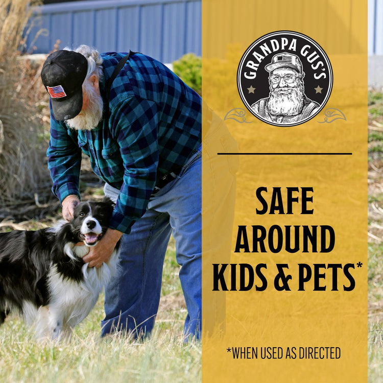 Man petting a dog with 'Grandpa Gu's' branding and text about safety around kids and pets.