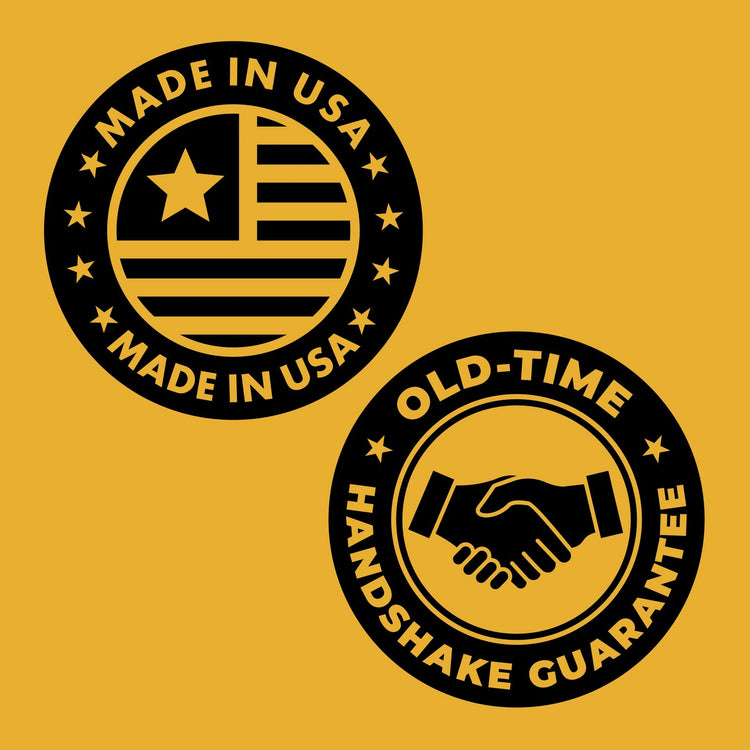 Two circular logos on a green background, one with 'Made in USA' text and the other with 'Old-Time Handshake Guarantee'.