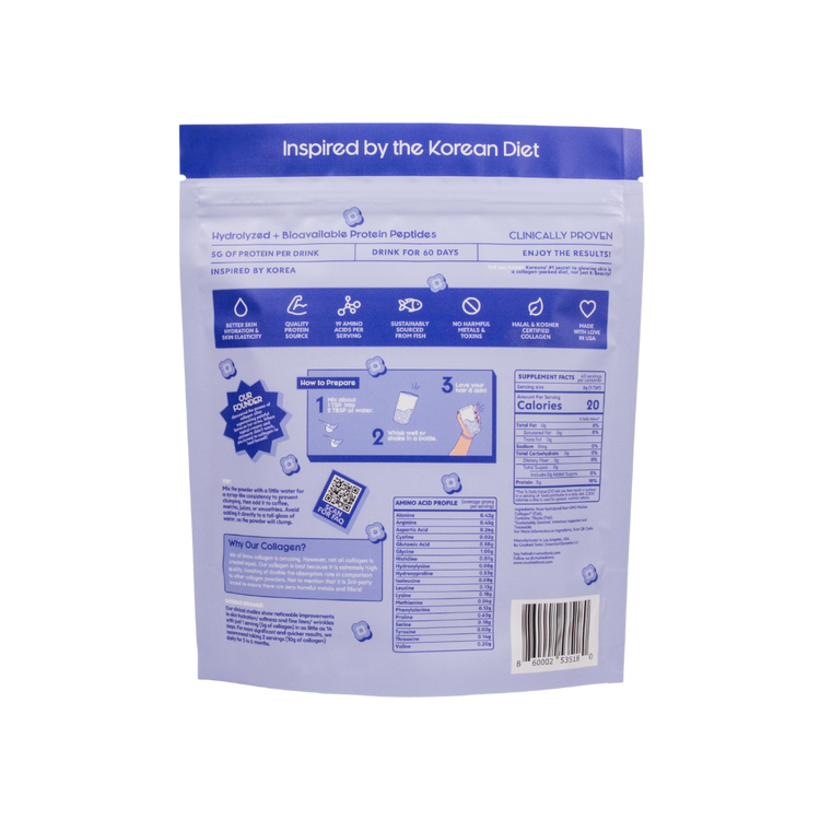 Purple package with text and icons on a white background