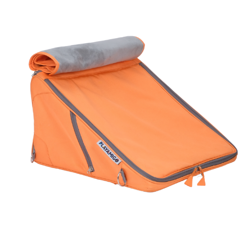Orange and gray inflatable mat with a visible brand logo on a white background