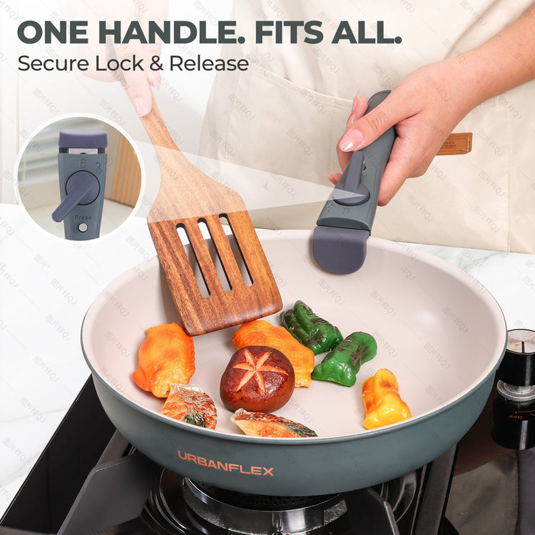 Person cooking vegetables in a pan with a spatula, featuring Urbanflex product on a light background.