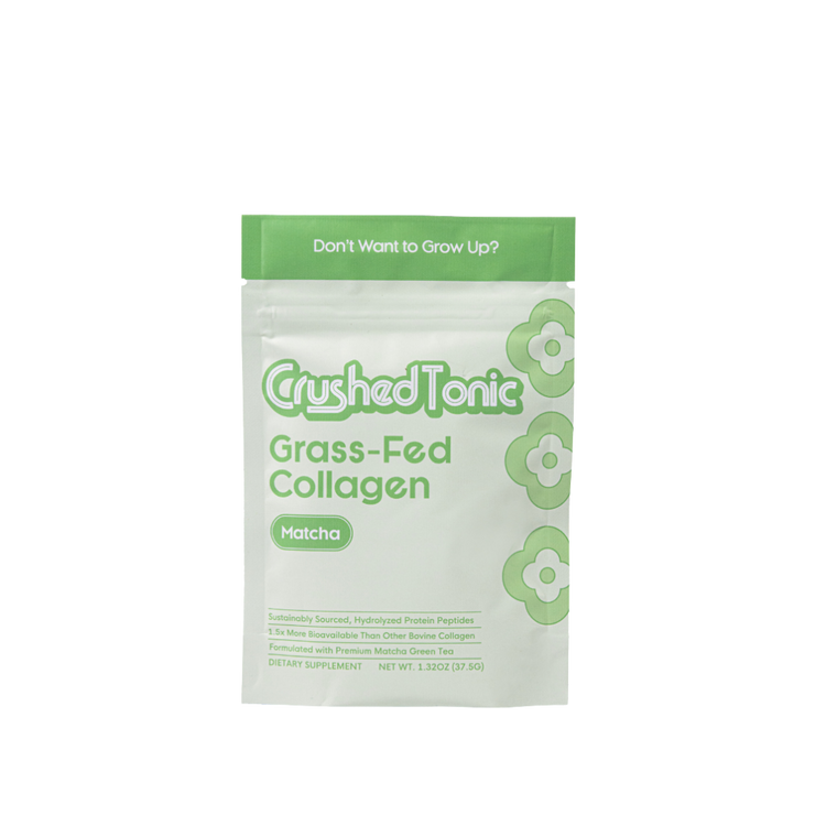 Package of Crushed Tonic Grass-Fed Collagen Matcha on a white background