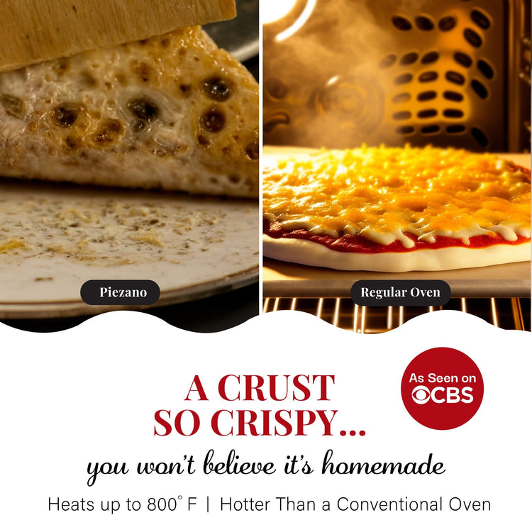 Comparison of pizza crusts made with Piezano and regular oven, with text highlighting crispy crust and CBS endorsement.