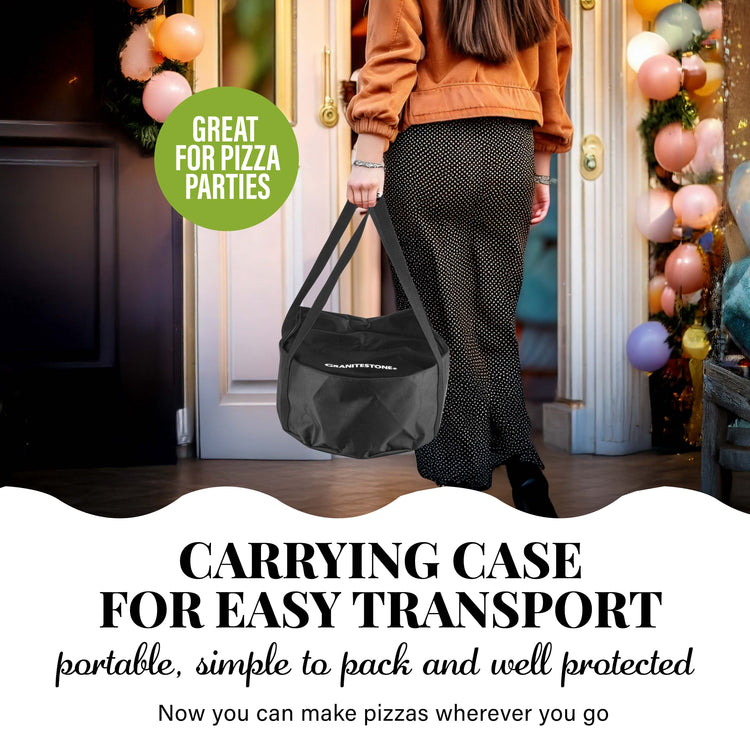 Person holding a carrying case with text about pizza parties and easy transport.