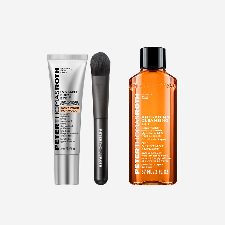 Peter Thomas Roth skincare products including a tube, brush, and bottle on a white background