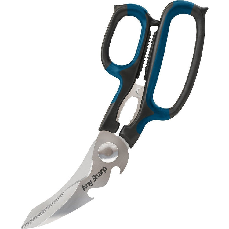 A pair of black and blue AnySharp 5-in-1 multifunction scissors with serrated blades and additional tools integrated into the handles.