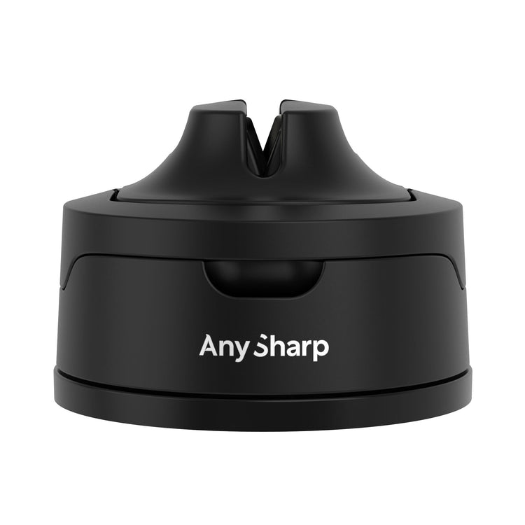 Black AnySharp EVO knife sharpener with a hands-free design and a power suction base.