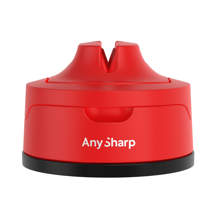 Red sharpener with 'Any Sharp' branding on a white background