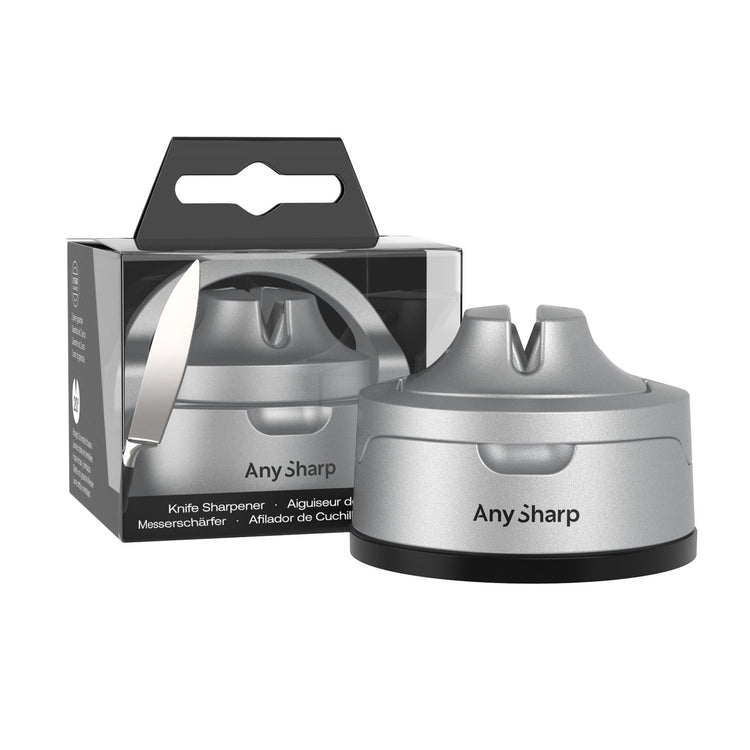Knife sharpener with packaging labeled 'Any Sharp' on a white background