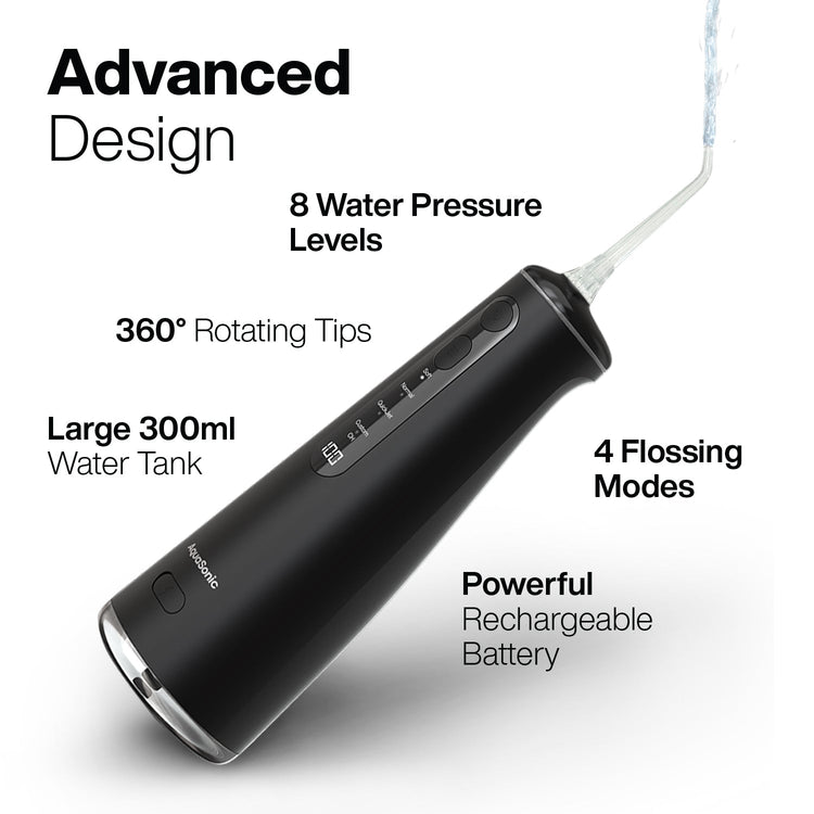 Black water flosser with features listed on a white background