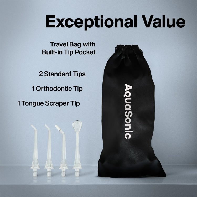 Black travel bag with Aquasonic branding and dental tips on a gray background