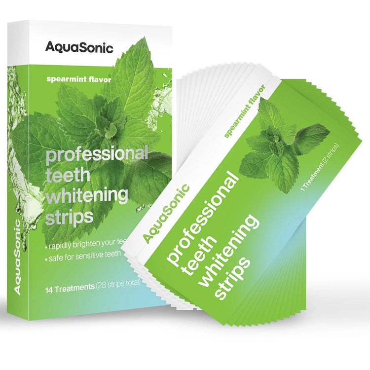 AquaSonic professional teeth whitening strips packaging with mint leaves on a white background
