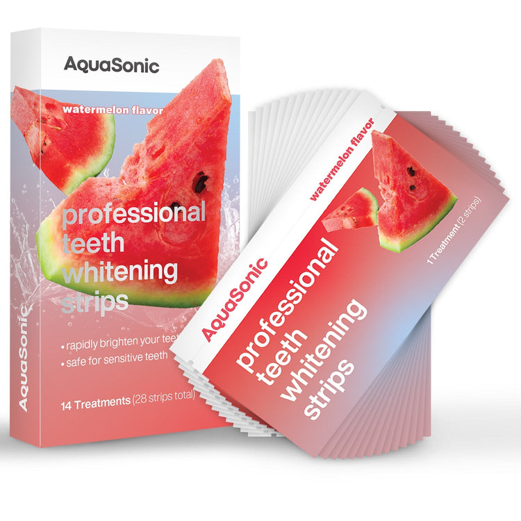 AquaSonnic professional teeth whitening strips packaging with watermelon flavor on a white background