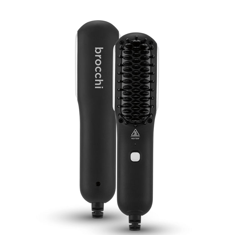 Black hairbrush with 'brocchi' branding on a white background