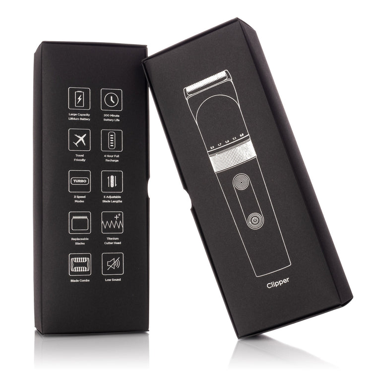 Black packaging box with a hair clipper design on a white background