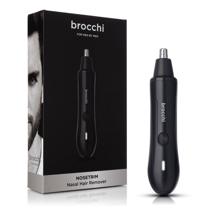 Black nasal hair remover with packaging displaying 'brocchi' brand on a white background