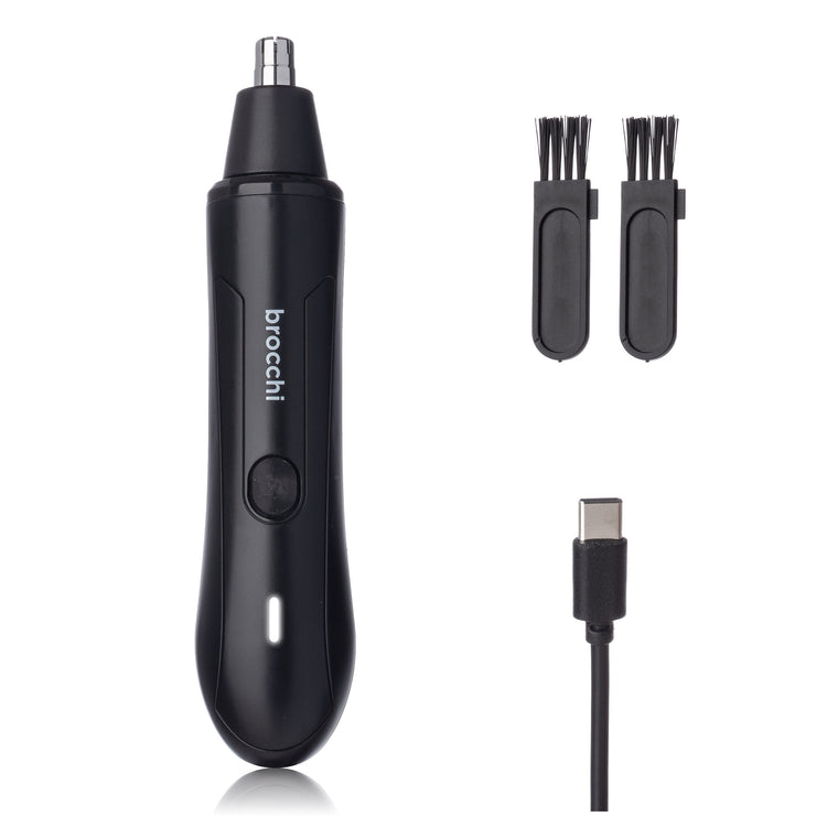 Black brocchi grooming tool with attachments on a white background