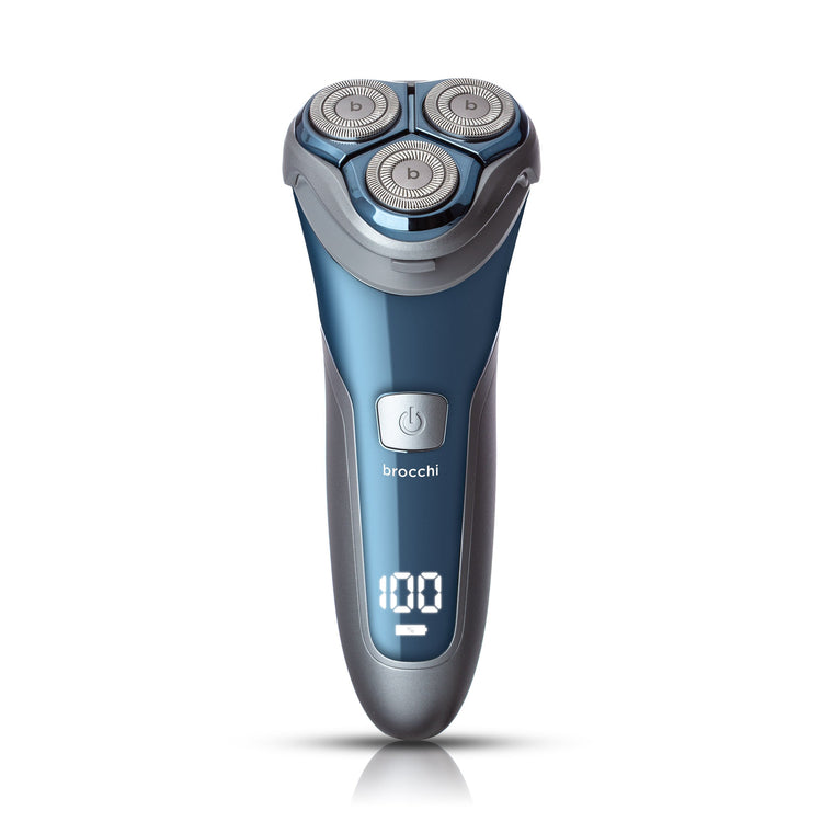 Blue and gray electric shaver with digital display on a white background
