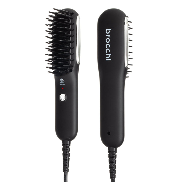 Black hairbrush with bristle head and smooth surface, featuring 'brocchi' branding on a white background.
