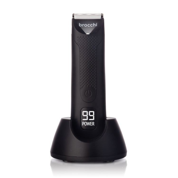 Black hair trimmer with digital display on a white background, branded 'brocchi'.