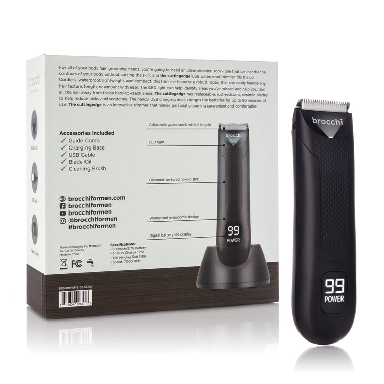 Black hair trimmer with packaging displaying product details and branding.