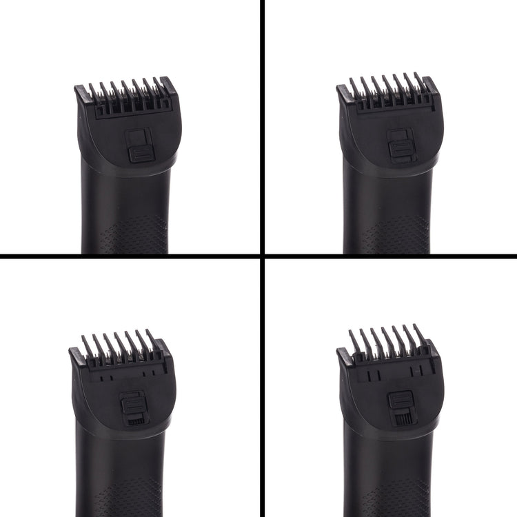 Four different angles of a black grooming tool with comb attachment on a white background
